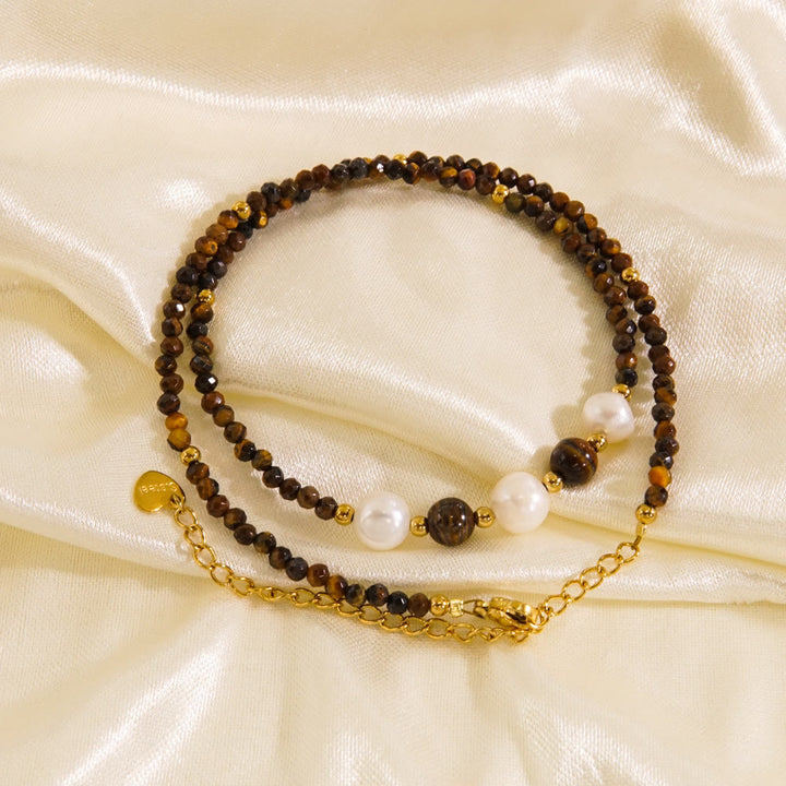 Olivenorma Obsidian Tiger Eye White Chalcedony Beaded Necklace - Tiger Eye & Freshwater Pearl - image 0