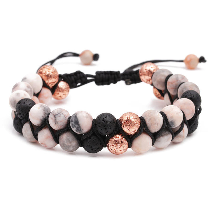 Olivenorma 2 Layers Lava Stone Pink Zebra Jasper Braided Bracelet - Black - image 3