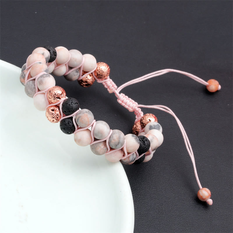 Olivenorma 2 Layers Lava Stone Pink Zebra Jasper Braided Bracelet - image 1