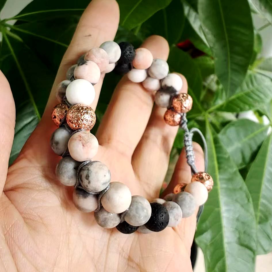 Olivenorma 2 Layers Lava Stone Pink Zebra Jasper Braided Bracelet - image 13