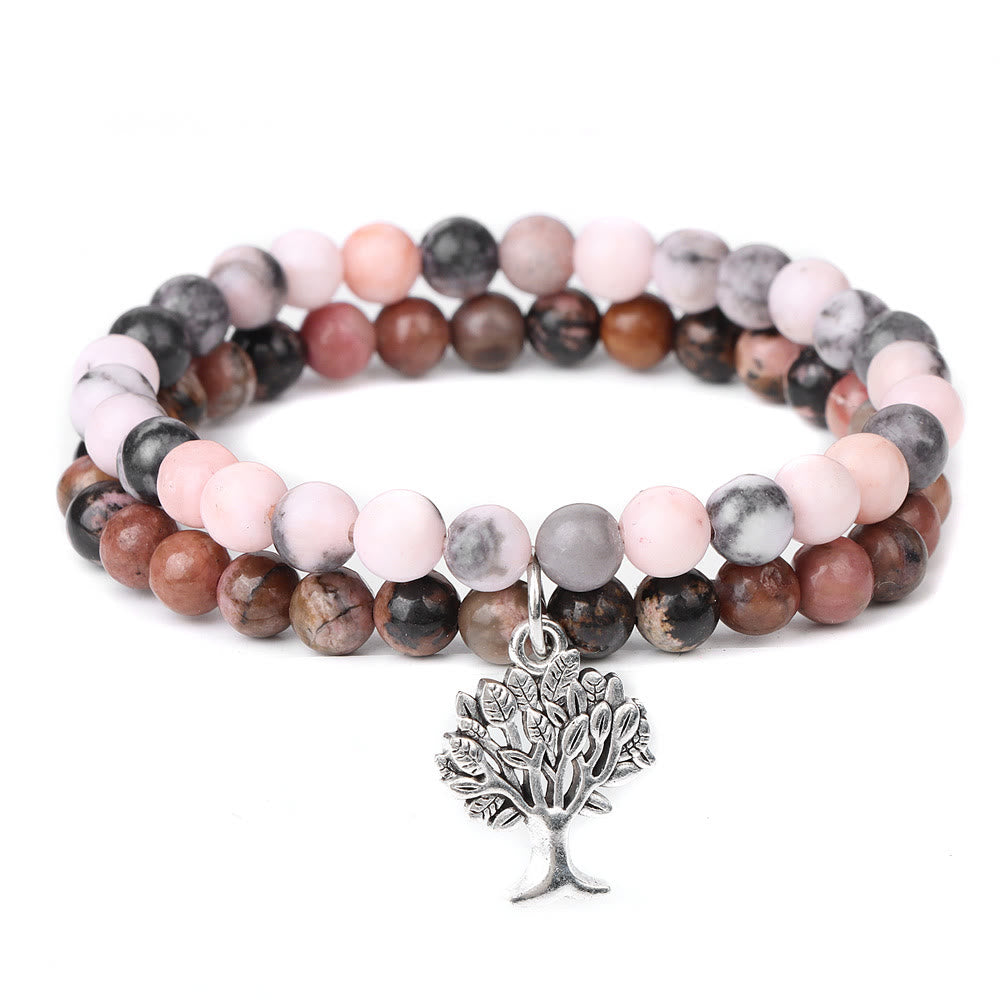 Olivenorma Tree of Life Gemstone Double Layer Bracelet - Rhodonite+Pink Zebra Jasper - image 8