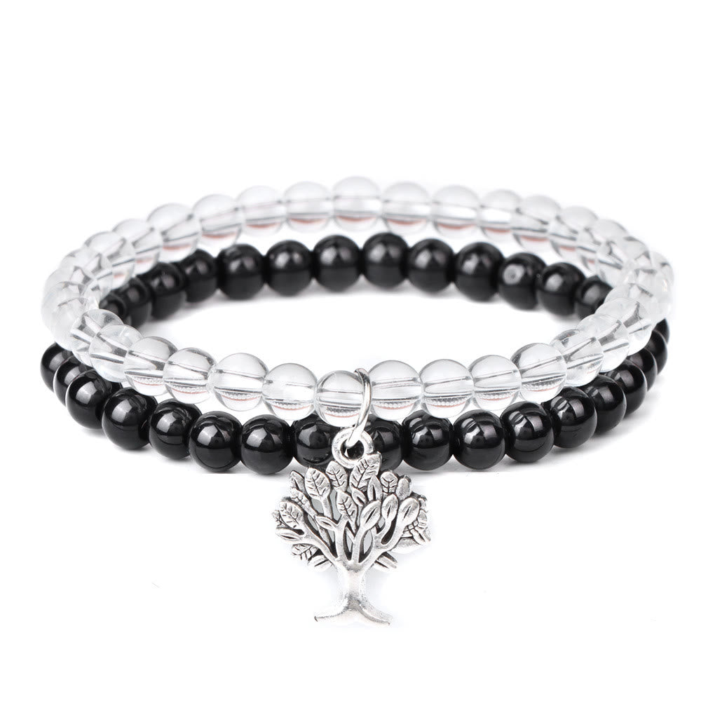Olivenorma Tree of Life Gemstone Double Layer Bracelet - Clear Crystal + Obsidian - image 24