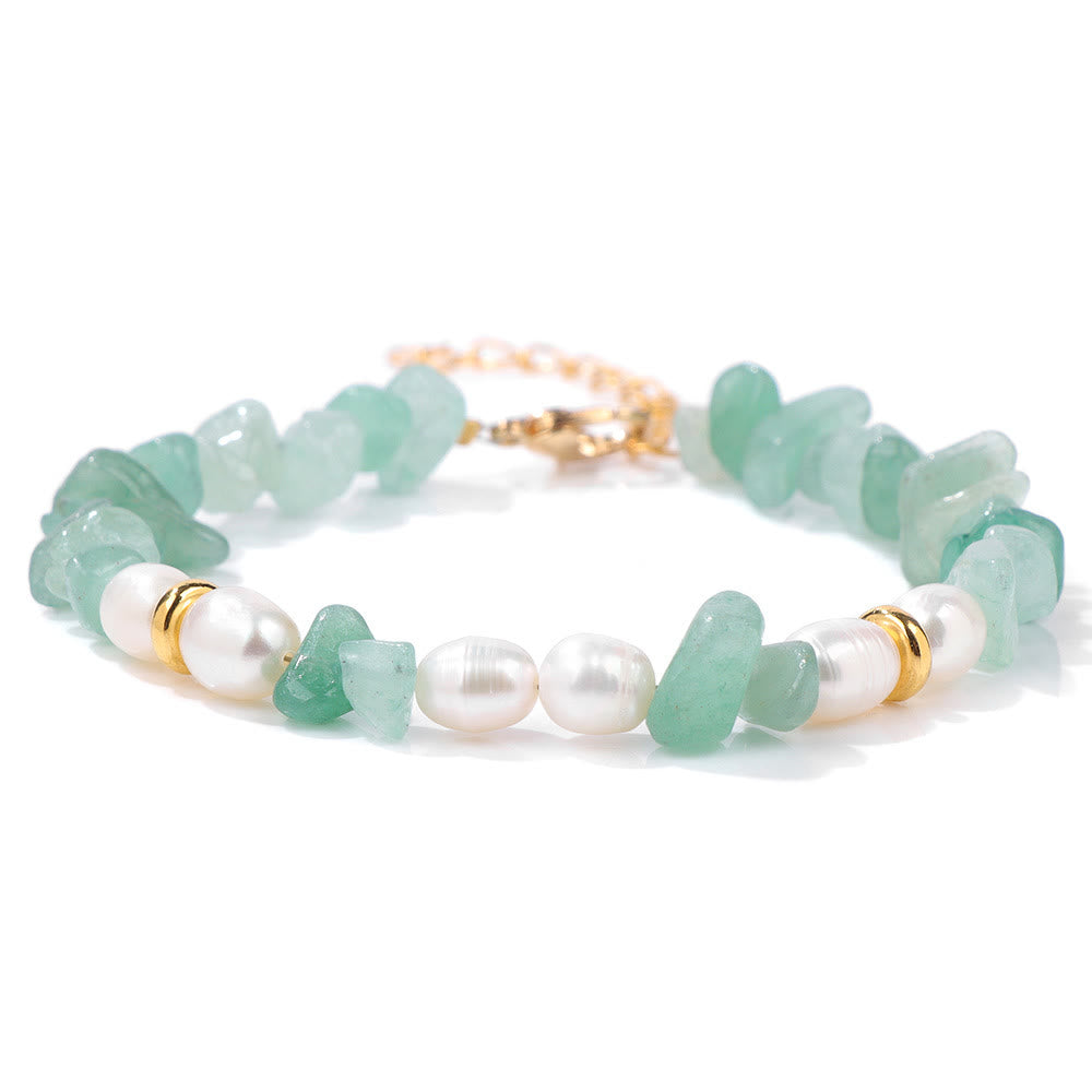 Olivenorma Irregular Gem Gravel Pearl Beaded Bracelet - Green Fluorite + Pearl - image 0