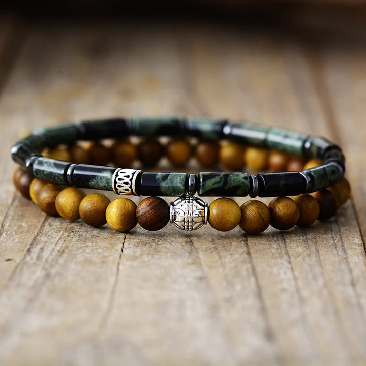 Olivenorma 2Pcs Natural Malachite Wood Stacked Beaded bracelet - 2Pcs Bracelet(Natural Stone+Wood) - image 0