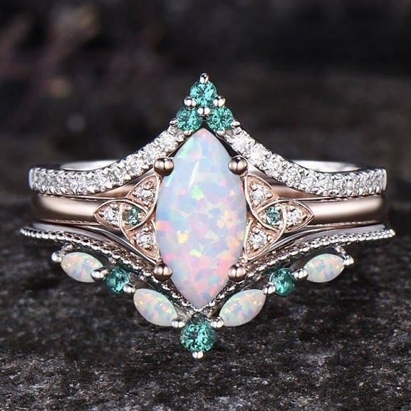 Olivenorma Eternal Glow Opal Promise Ring Set - Opal & Emerald - US 10 - image 1