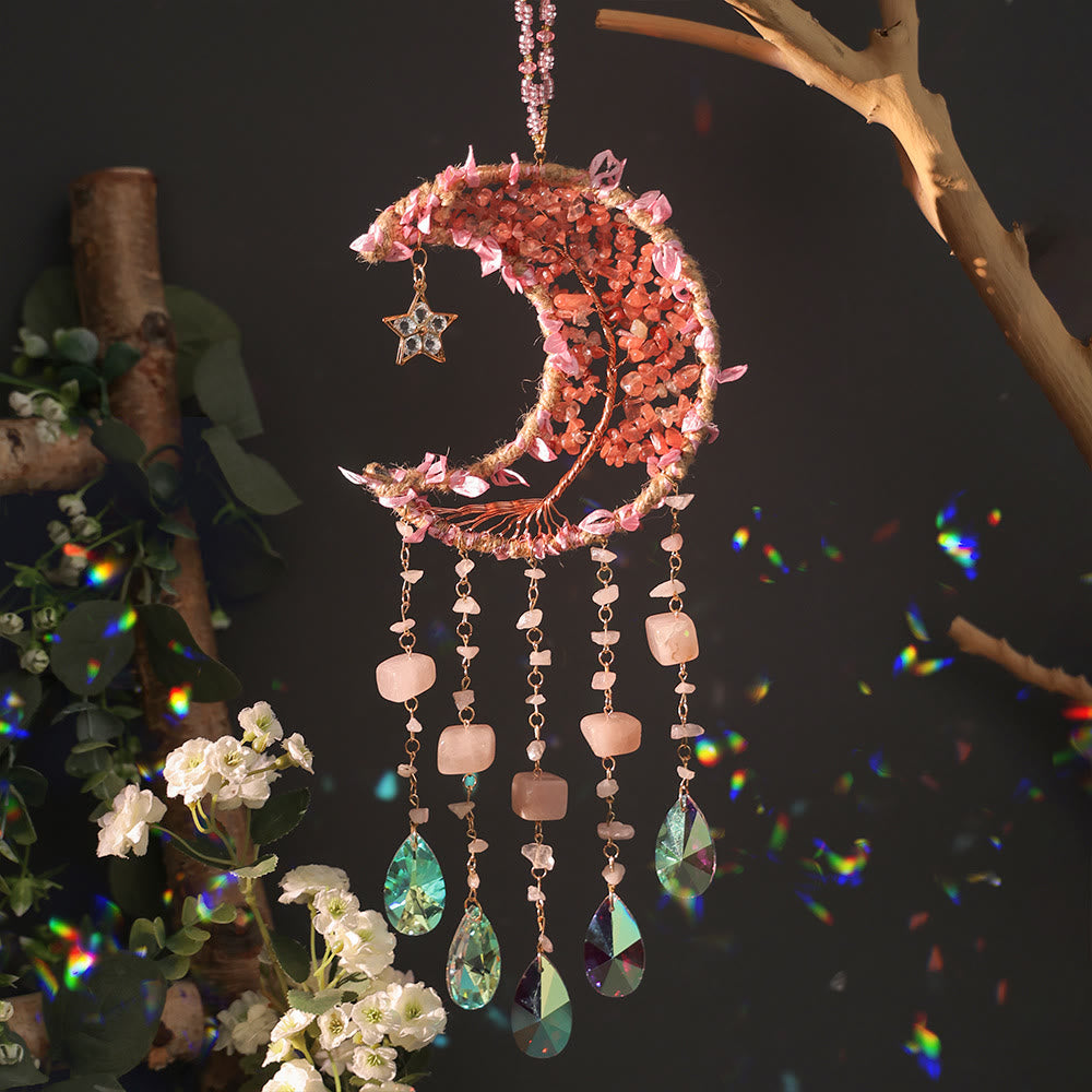 Olivenorma Natural Stone Moon Shape Mori Contact Wind Chime - Carnelian & Rose Quartz - image 4