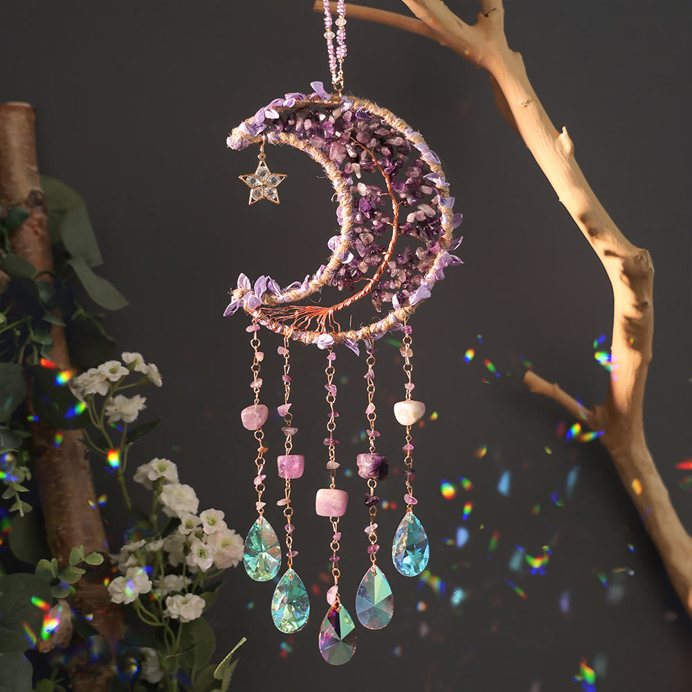 Olivenorma Natural Stone Moon Shape Mori Contact Wind Chime - Amethyst - image 1