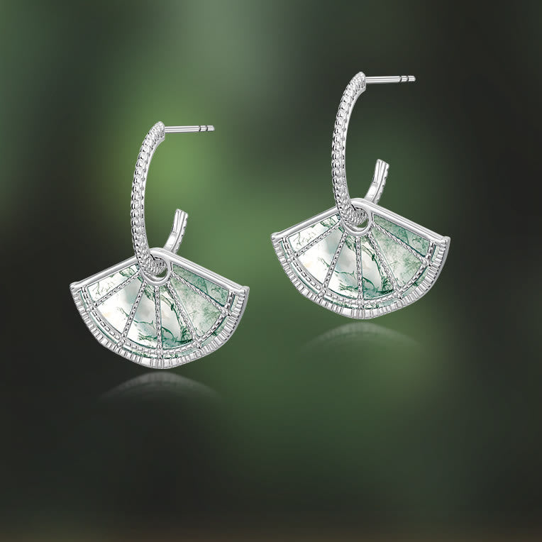 Olivenorma Natural Moss Agate Vintage Fan Shape Earrings - image 1