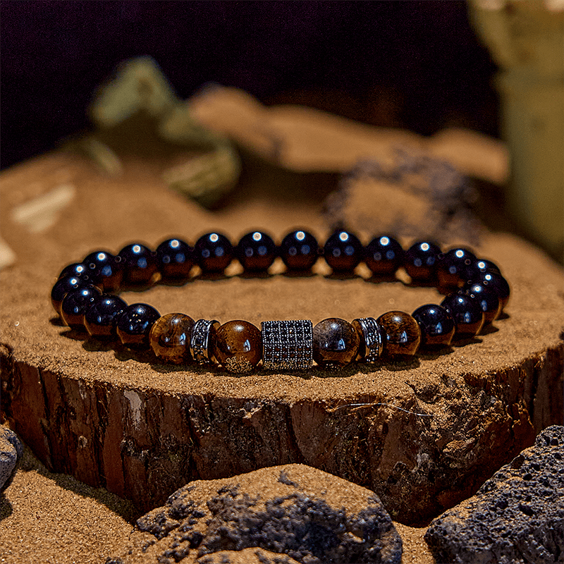 Olivenorma Men's Frosted Black Bead Tiger Eye Bracelet - Glossy Surface - Black - image 0