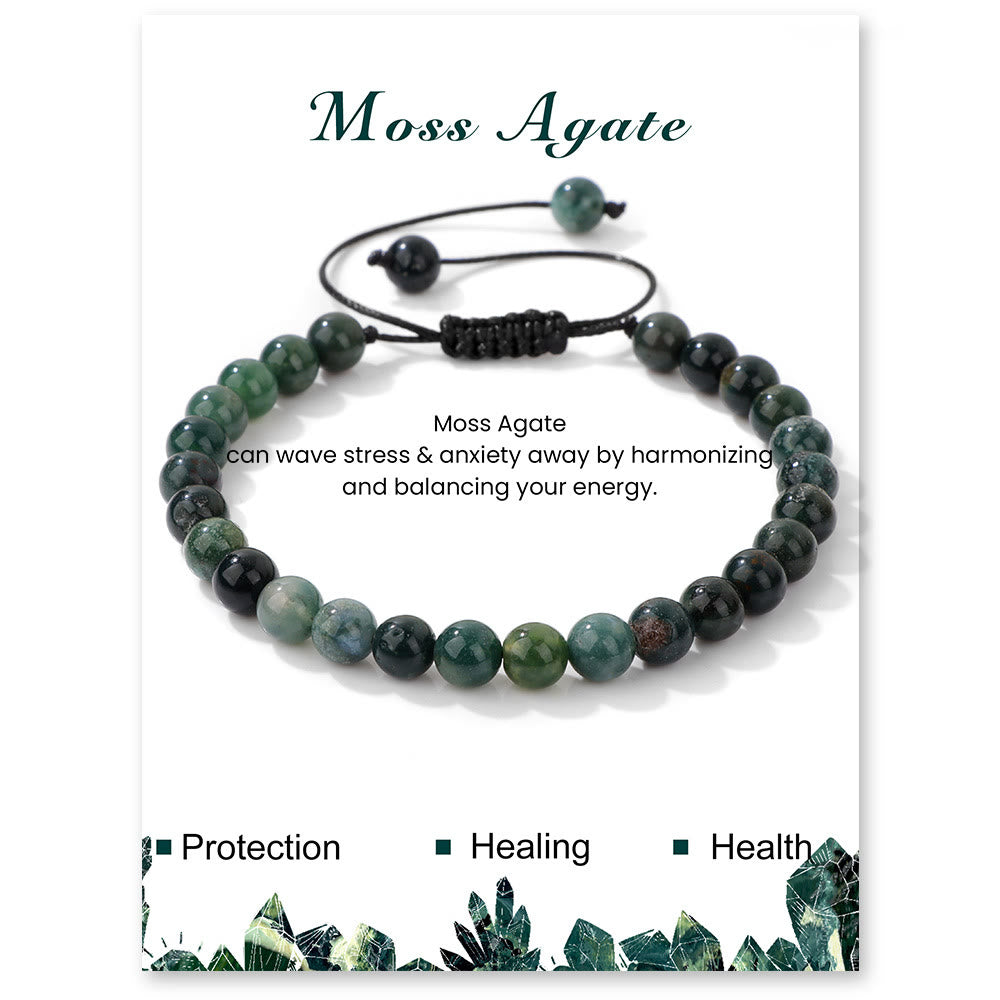 Olivenorma 4mm/6mm Natural Stone Beaded Drawstring Bracelet - Moss Agate - 6mm - image 19