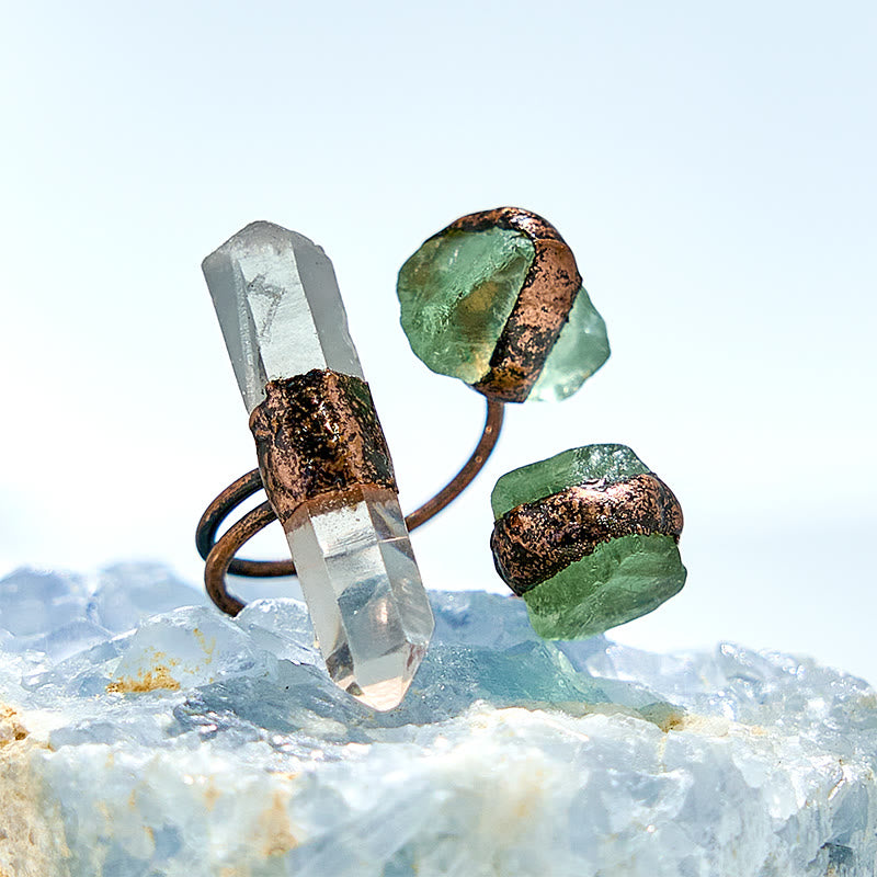 Olivenorma Clear Quartz Green Fluorite Adjustable Ring - image 2