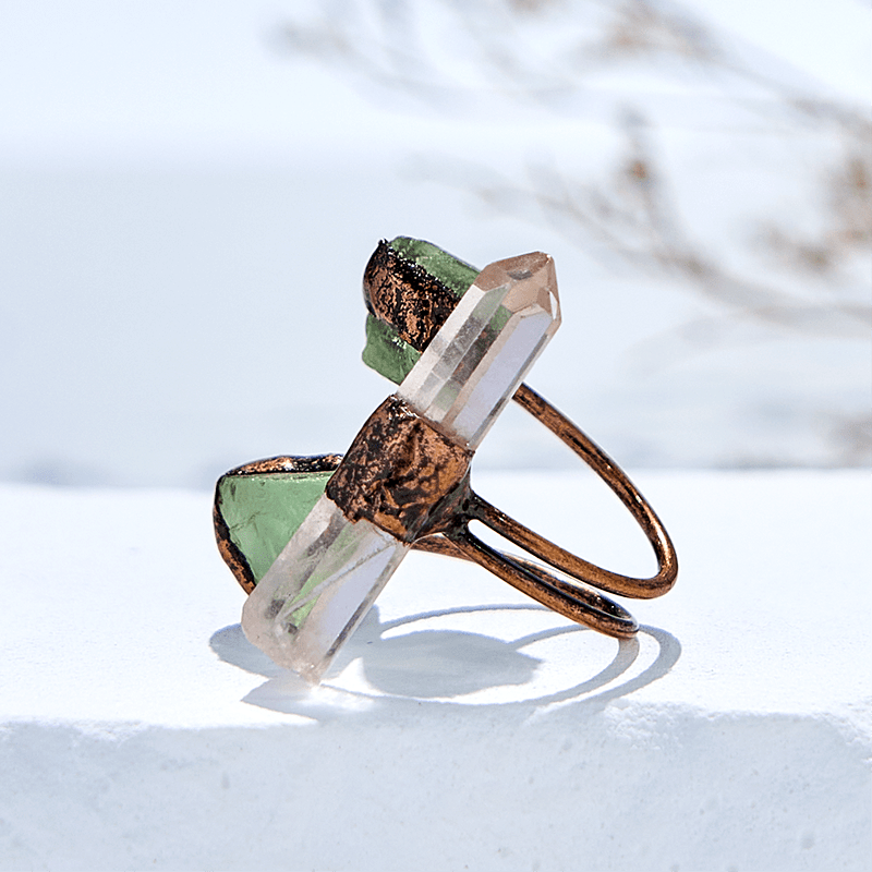 Olivenorma Clear Quartz Green Fluorite Adjustable Ring - image 5