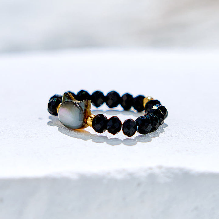 Olivenorma Natural Obsidian Clear Crystal Kitten Beaded Ring - image 2