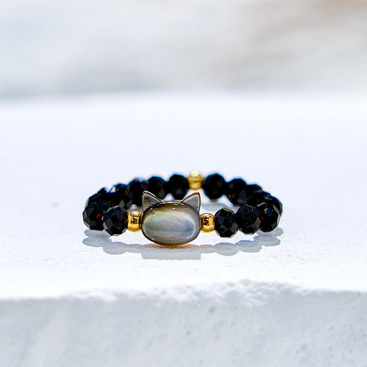 Olivenorma Natural Obsidian Clear Crystal Kitten Beaded Ring - Obsidian - image 0