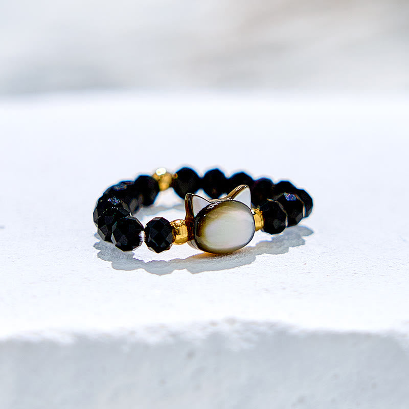 Olivenorma Natural Obsidian Clear Crystal Kitten Beaded Ring - image 4