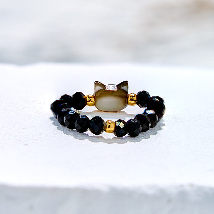 Olivenorma Natural Obsidian Clear Crystal Kitten Beaded Ring - image 3