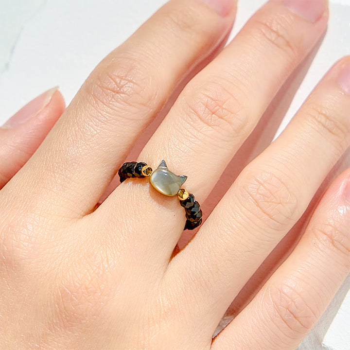 Olivenorma Natural Obsidian Clear Crystal Kitten Beaded Ring - image 1