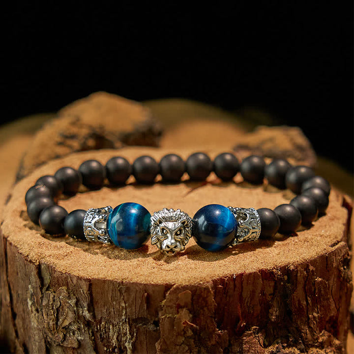 Olivenorma Natural Crystal Stone Lion Symbol Bracelet - Black Tourmaline&Blue Agate - Silver - image 26