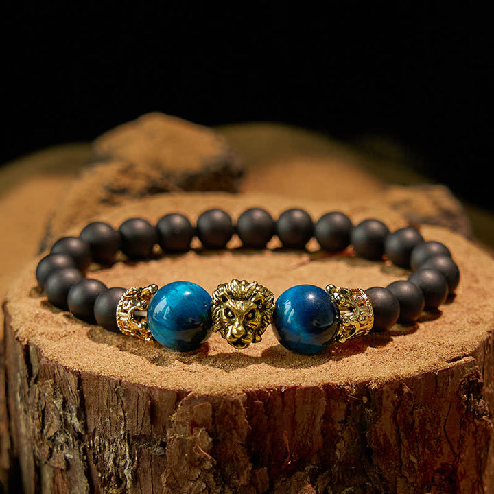 Olivenorma Natural Crystal Stone Lion Symbol Bracelet - Black Tourmaline&Blue Agate - Gold - image 16