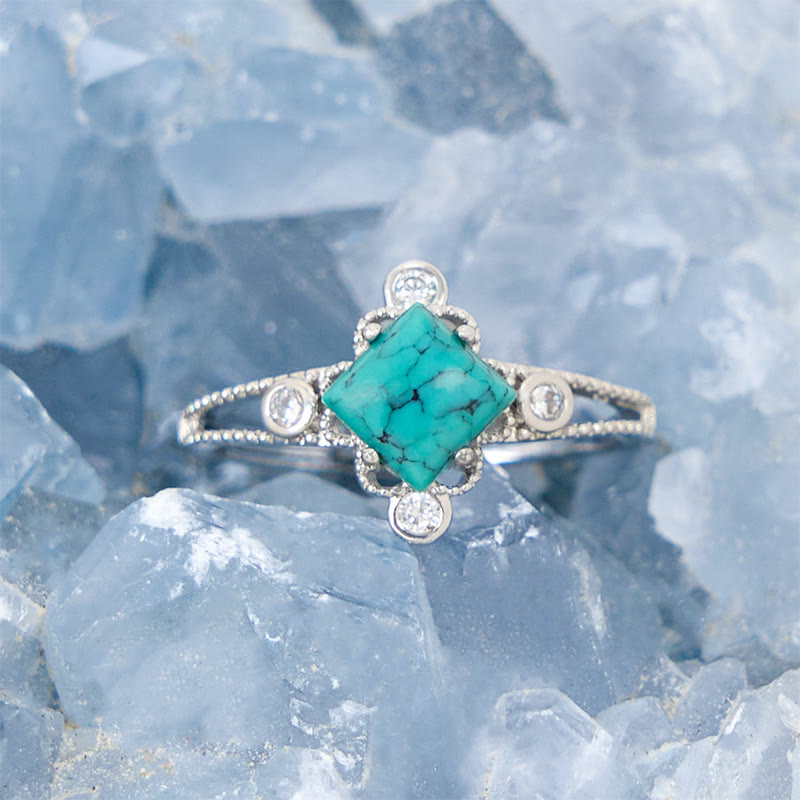 Olivenorma Square Cut Natural Turquoise Vintage Hollow Ring - image 2