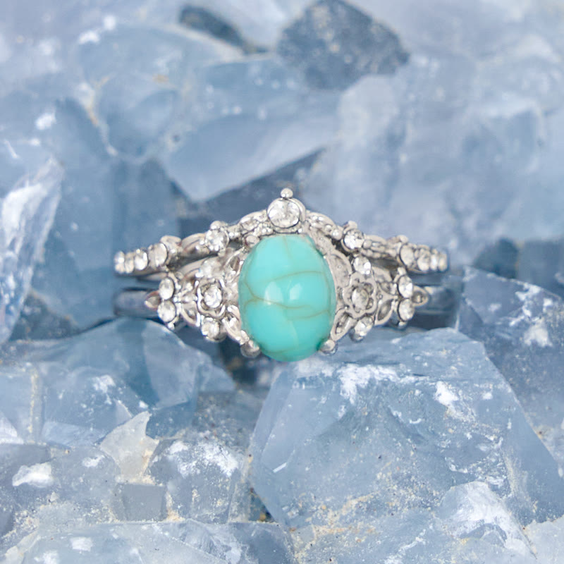 Olivenorma 2 Pcs Turquoise with Zircon Floral Ring Set - image 2
