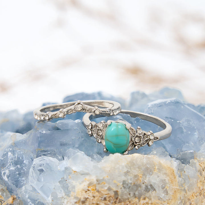 Olivenorma 2 Pcs Turquoise with Zircon Floral Ring Set - image 3