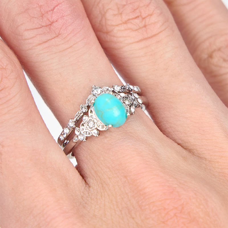 Olivenorma 2 Pcs Turquoise with Zircon Floral Ring Set - image 1