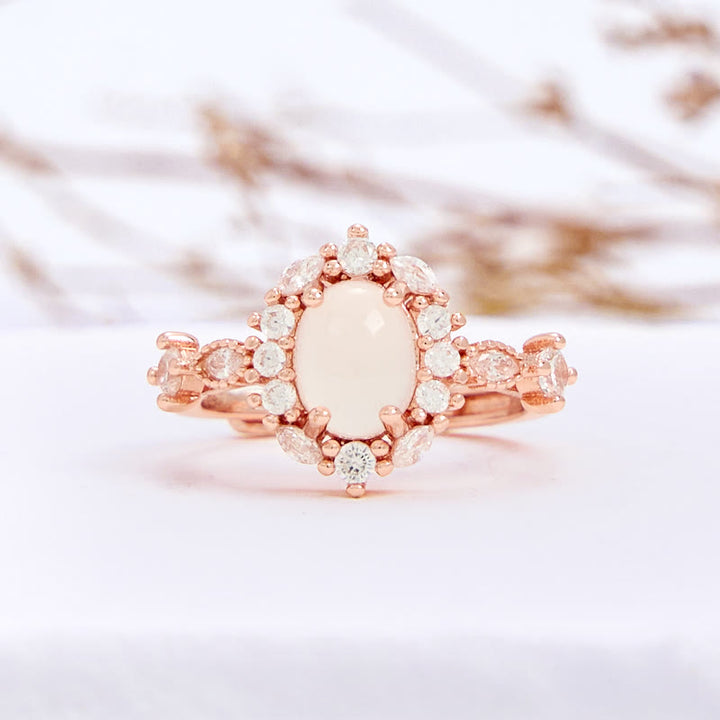 Olivenorma Oval White Chalcedony Flower White Zircon Ring - White Chalcedony & White Zircon - image 0