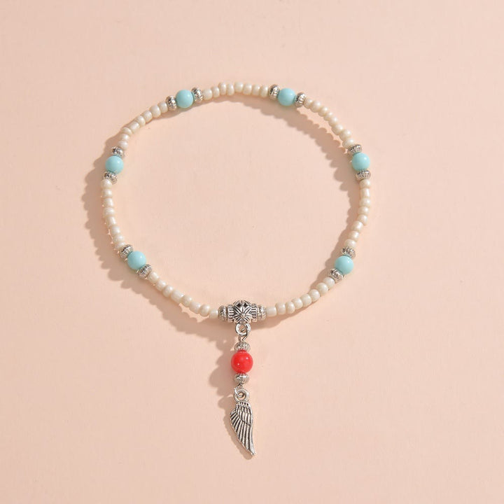 Olivenorma White Turquoise Beaded Metal Feather Pendant Anklet - image 1