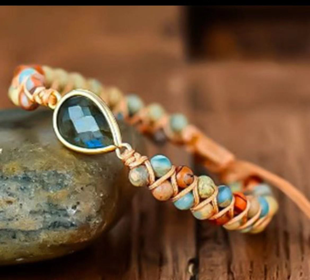 Olivenorma Natural Stone Beads Crystal Pendant Braided Bracelet - Labradorite & Agalmatolite - image 4
