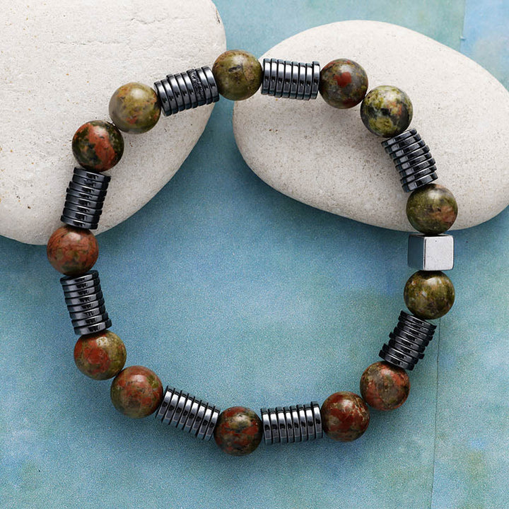 Olivenorma 8mm Agalmatolite Hematite Unakite Beads Bracelet - Unakite & Hematite - Men 19.5cm - image 1