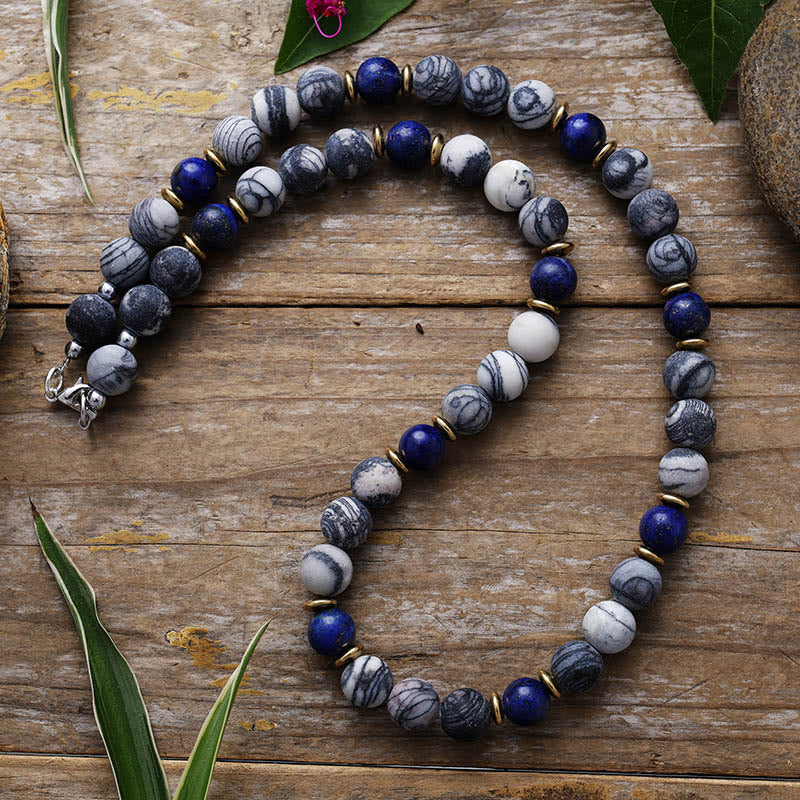 Olivenorma Lapis Lazuli Black Silk Stone Beaded Necklace - Lapis Lazuli & Black Silk Stone - image 0