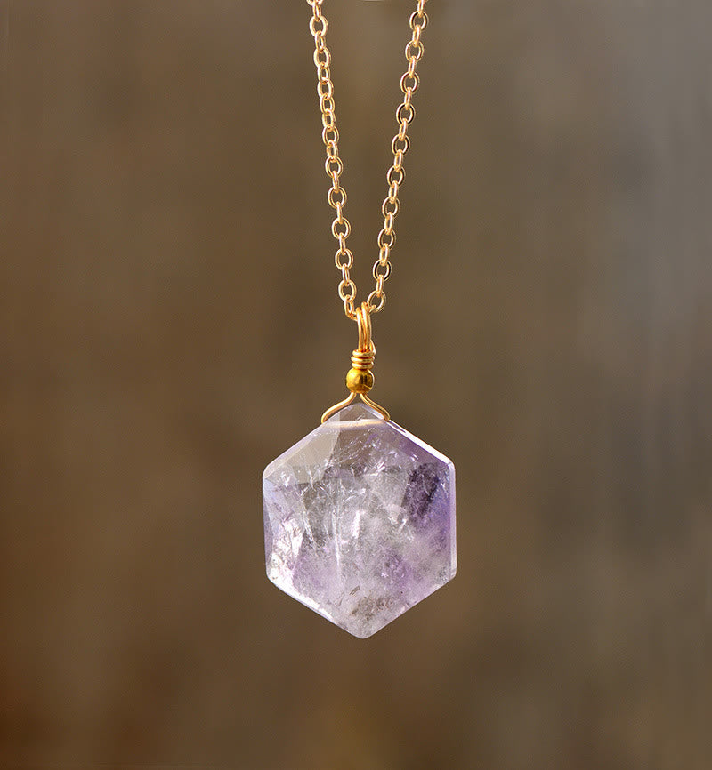 Olivenorma Hexagonal Cut Natural Stone Pendant Necklace - Amethyst - image 4
