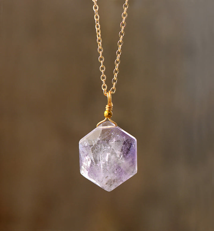 Olivenorma Hexagonal Cut Natural Stone Pendant Necklace - Amethyst - image 4