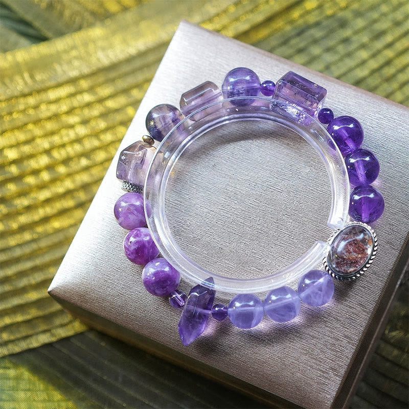 Olivenorma Ninth Purple Fire Natural Stone Beaded Bracelet - Amethyst & Clear Crystal - 18cm - image 13