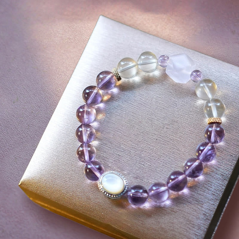 Olivenorma Ninth Purple Fire Natural Stone Beaded Bracelet - White Chalcedony & Amethyst - 18cm - image 5