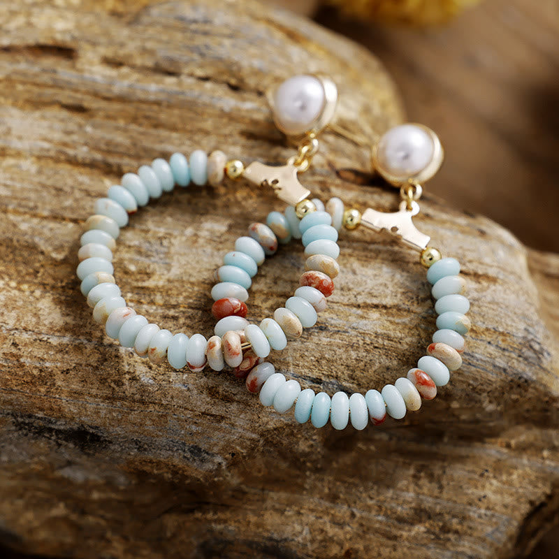 Olivenorma Agalmatolite Amethyst Blue Turquoise Wheel Beads Annulus Earrings - image 1