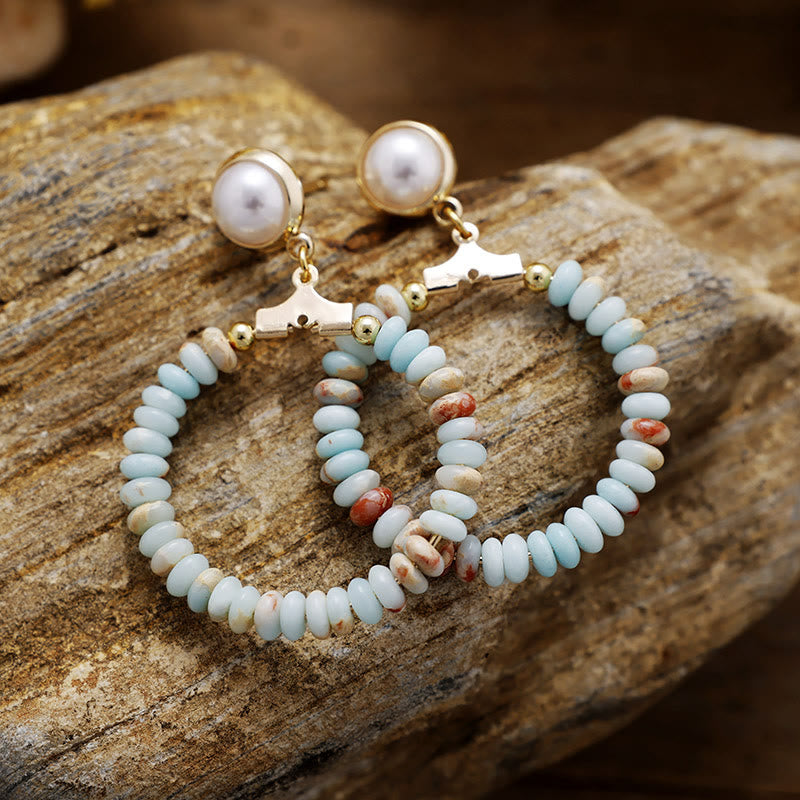 Olivenorma Agalmatolite Amethyst Blue Turquoise Wheel Beads Annulus Earrings - Agalmatolite - image 0