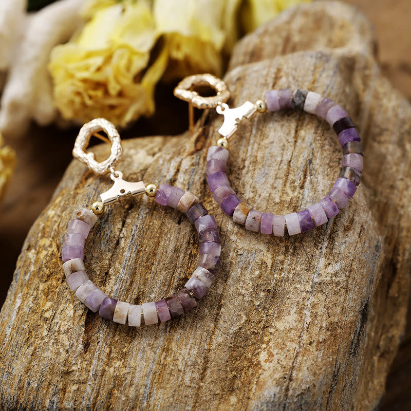 Olivenorma Agalmatolite Amethyst Blue Turquoise Wheel Beads Annulus Earrings - Amethyst - image 3