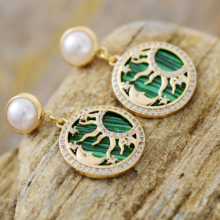 Olivenorma Malachite Freshwater Pearl Sun Moon Pattern Earrings - image 1
