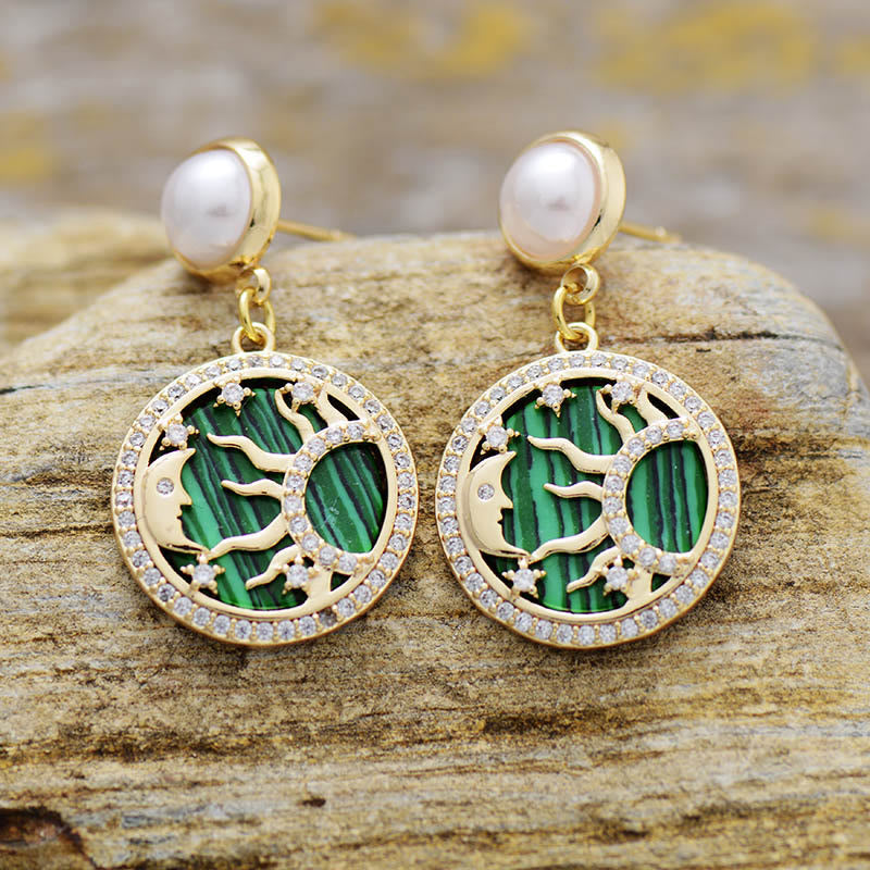 Olivenorma Malachite Freshwater Pearl Sun Moon Pattern Earrings - Malachite & Freshwater Pearl - image 0