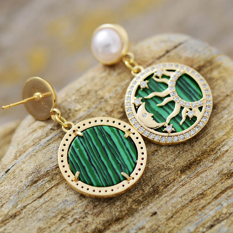 Olivenorma Malachite Freshwater Pearl Sun Moon Pattern Earrings - image 2