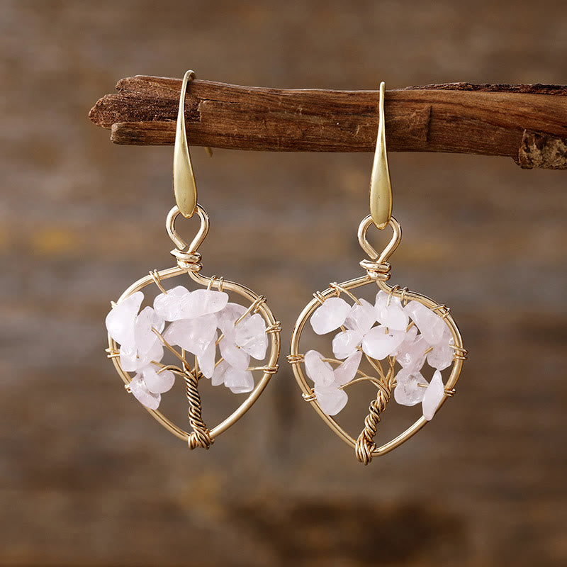 Olivenorma Natural Crystal Gravel Tree of Life Earrings - Rose Quartz - image 4