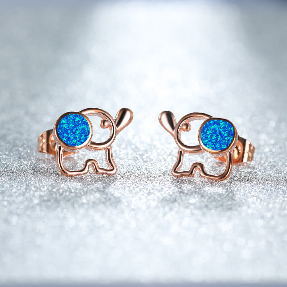 Olivenorma Blue White Opal Cute Elephant Studs Earrings - Blue Opal - Rose Gold - image 0