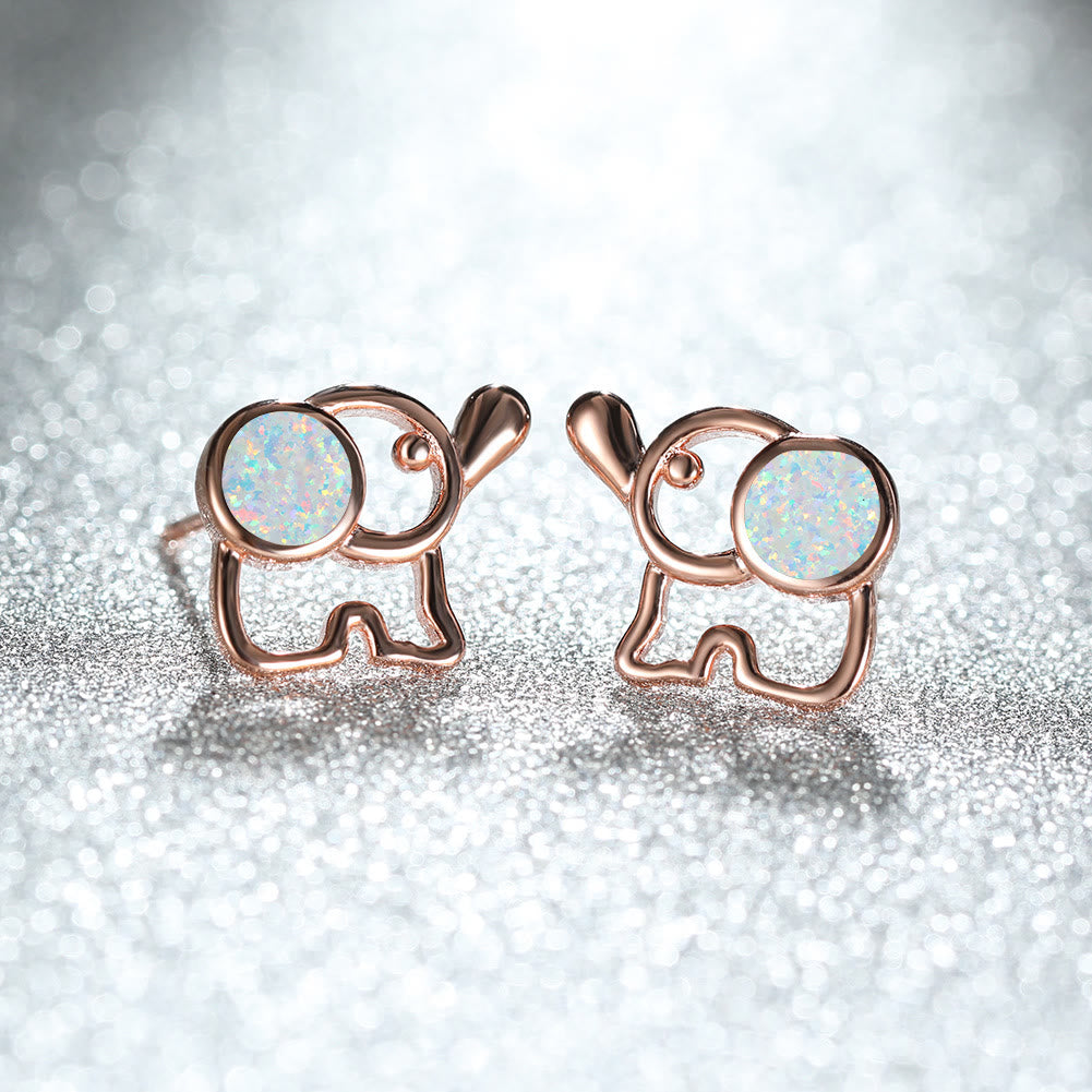 Olivenorma Blue White Opal Cute Elephant Studs Earrings - White Opal - Rose Gold - image 6