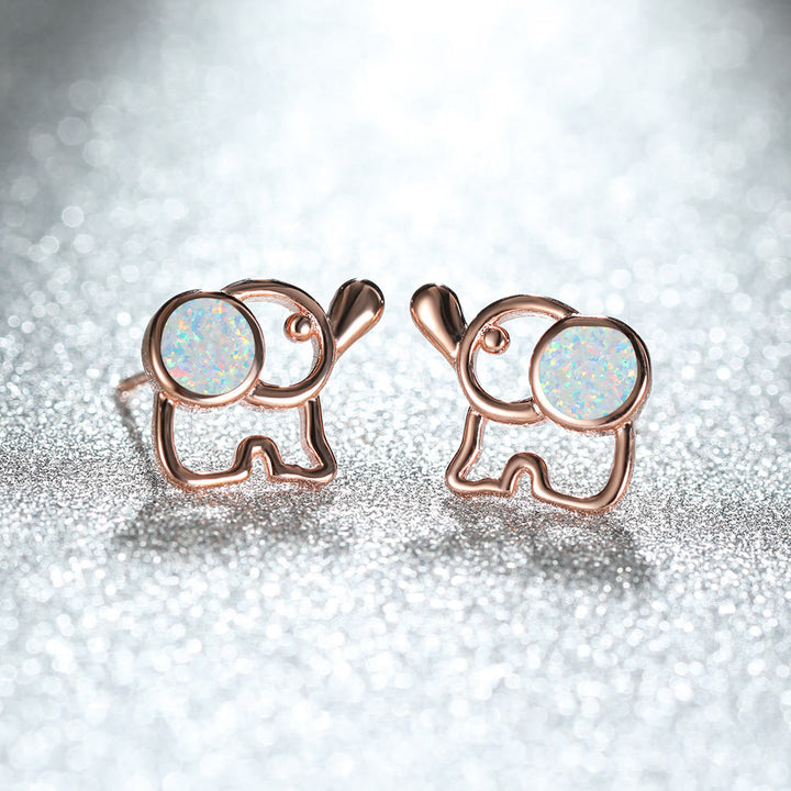 Olivenorma Blue White Opal Cute Elephant Studs Earrings - White Opal - Rose Gold - image 6