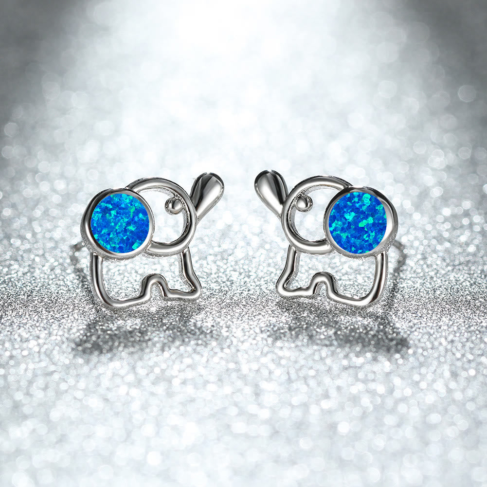 Olivenorma Blue White Opal Cute Elephant Studs Earrings - Blue Opal - Silver - image 5