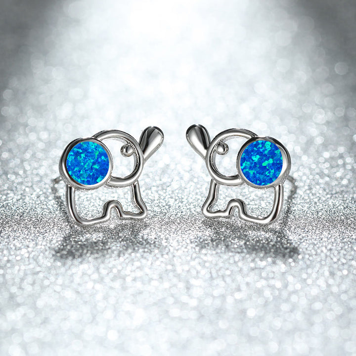 Olivenorma Blue White Opal Cute Elephant Studs Earrings - Blue Opal - Silver - image 5