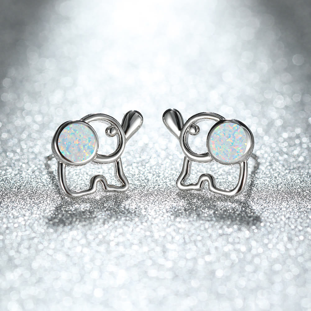 Olivenorma Blue White Opal Cute Elephant Studs Earrings - White Opal - Silver - image 7