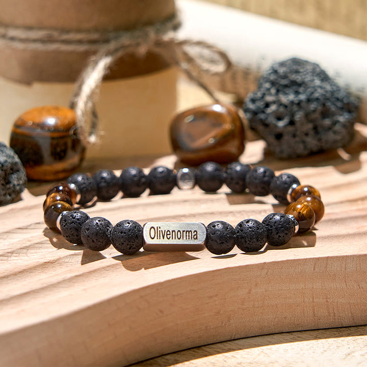 Olivenorma Natural Stone Beaded Engraved Bracelet - Lava Stone & Tiger Eye - 4th Engraving - image 0